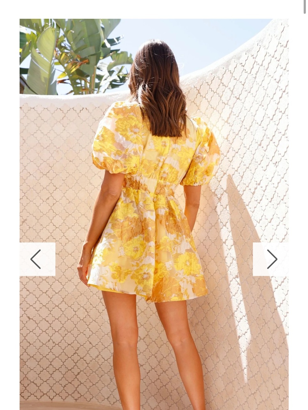 Yellow Floral Puff-Sleeve Mini Dress with V-Neck - Picture 2 of 6